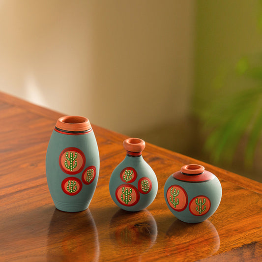 'Desert Miniature Trio' Handpainted Terracotta Miniature Pots Showpieces (Set of 3, Turquoise Blue)