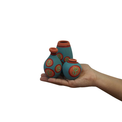 'Desert Miniature Trio' Handpainted Terracotta Miniature Pots Showpieces (Set of 3, Turquoise Blue)