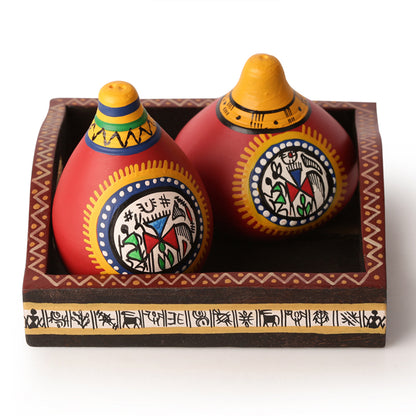 Warli Handpainted Terracotta Salt & Pepper Shaker With Tray