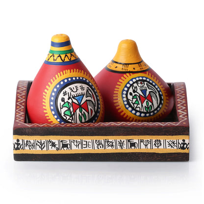 Warli Handpainted Terracotta Salt & Pepper Shaker With Tray