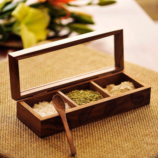Wooden Hand Engraved Multi-Utility Cum Spice Box With Spoon In Sheesham Wood