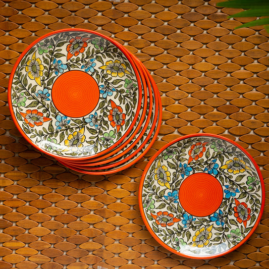 'Mughal Bagheecha' Handpainted Ceramic Dinner Plates (Set of 6, Microwave Safe)