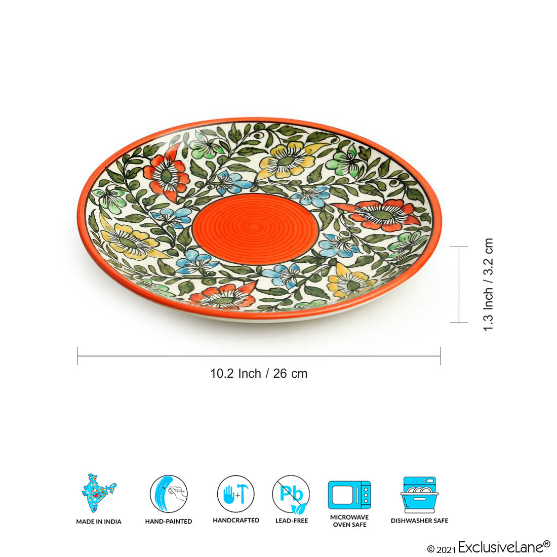 'Mughal Bagheecha' Handpainted Ceramic Dinner Plates (Set of 6, Microwave Safe)