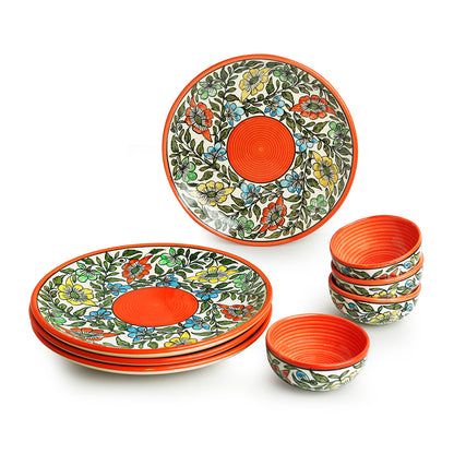 'Mughal Bagheecha' Handpainted Ceramic Dinner Plates With Dinner Katoris (8 Pieces, Serving for 4, Microwave Safe)