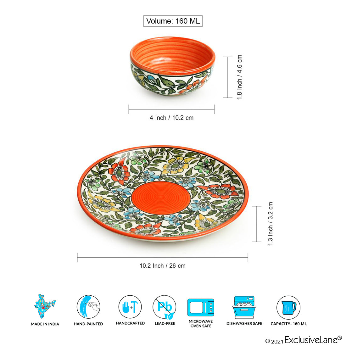 'Mughal Bagheecha' Handpainted Ceramic Dinner Plates With Dinner Katoris (8 Pieces, Serving for 4, Microwave Safe)