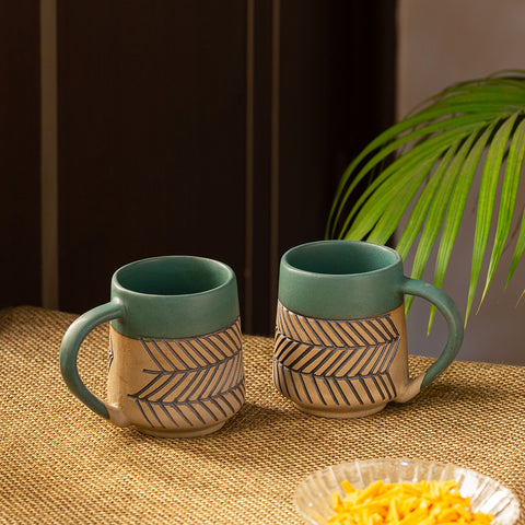 'Chevron Waves' Handcrafted Ceramic Tea & Coffee Mugs (Set of 2, 280 ML, Microwave Safe)