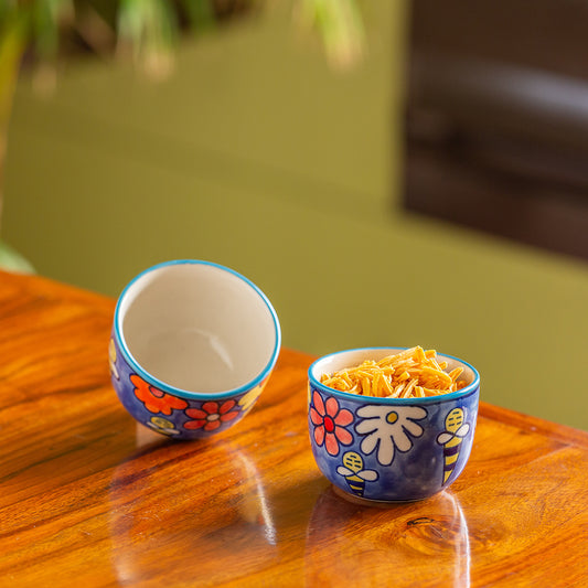 'The Bee Collective' Handpainted Ceramic Serving Bowls (Set Of 2, 250 ML, Microwave Safe)