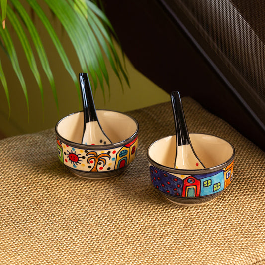 "Soupy Huts' Handpainted Soup Bowl With Spoon  In Ceramic (Set Of 2, 260 ML, Microwave Safe) "