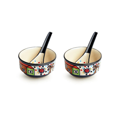 "Soupy Huts' Handpainted Soup Bowl With Spoon  In Ceramic (Set Of 2, 260 ML, Microwave Safe) "