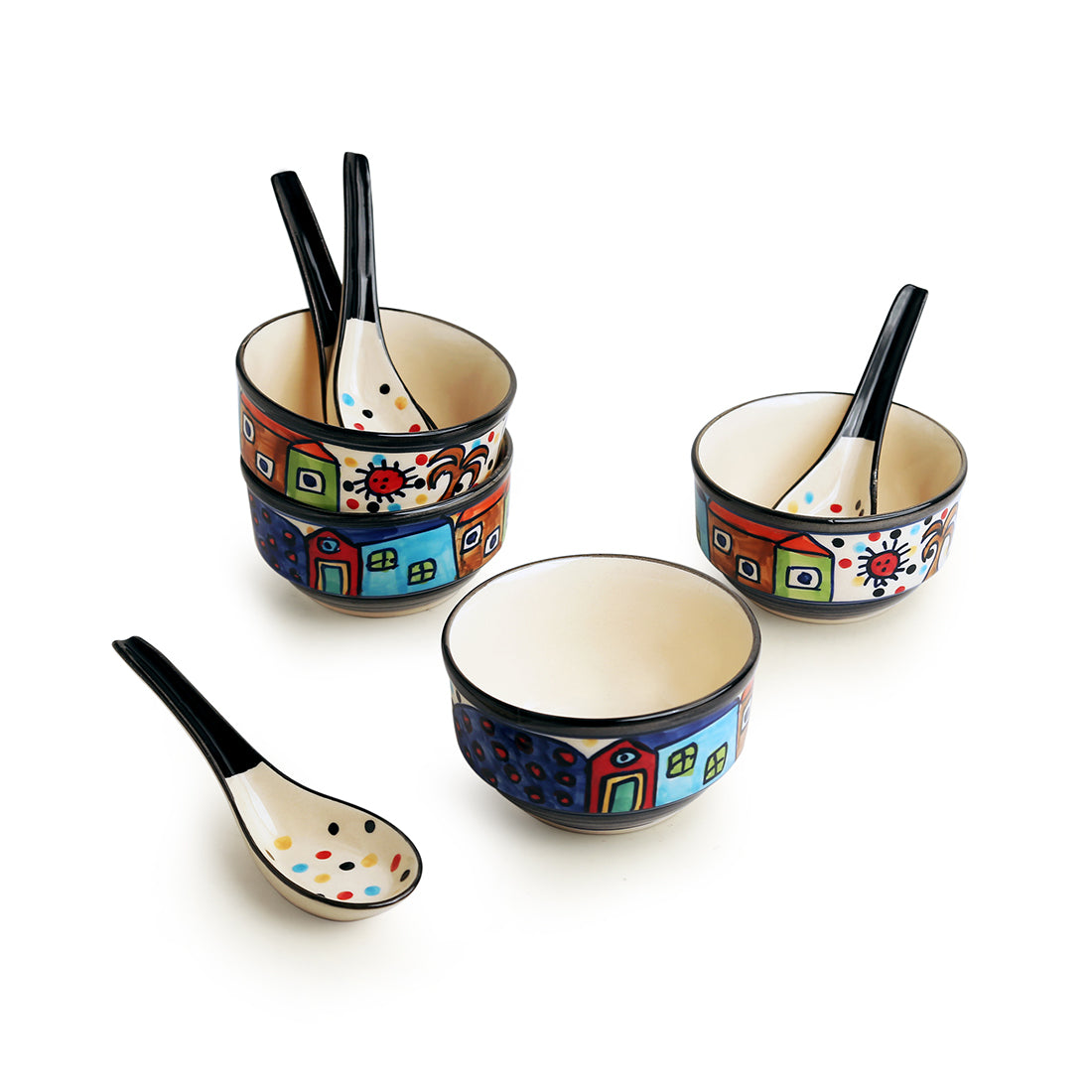 'Soupy Huts' Handpainted Soup Bowl With Spoon  In Ceramic (Set Of 4, 260 ML, Microwave Safe)
