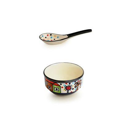 'Soupy Huts' Handpainted Soup Bowl With Spoon  In Ceramic (Set Of 4, 260 ML, Microwave Safe)