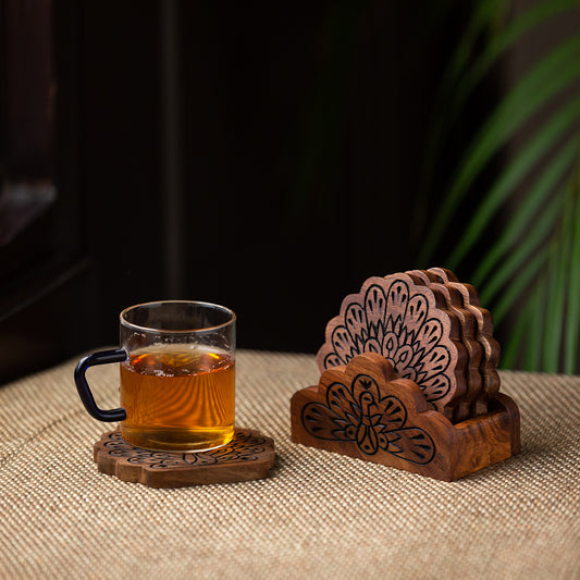 'The Dancing Peacock' Hand Carved Coasters With Holder in Sheesham Wood (Set of 4)