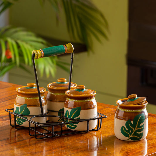 'Shades of a Leaf' Handpainted Ceramic Multi-Purpose Jars With Lids & Holders (Set of 4, 220 ml)