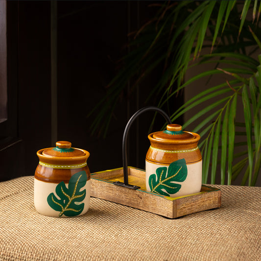 'Shades of a Leaf' Handpainted Ceramic Jars With Tray (Set of 2, 220 ml)