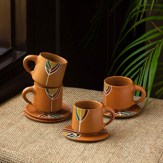 'Shades of a Leaf' Handpainted Terracotta Coffee & Tea Cups With Saucers (Set of 4, 160 ml)