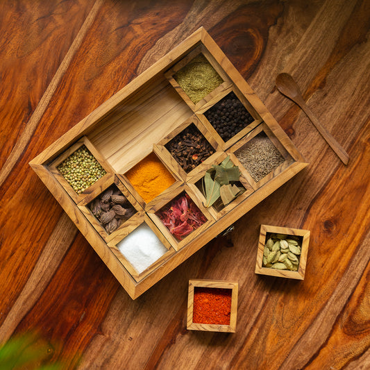 'Medley of Masalas' 12 Container Spice Box With Spoon In Teak Wood