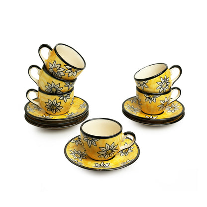 'Californian Sunflowers' Handpainted Ceramic Tea Cups With Saucers (Set Of 6, 200 ML)