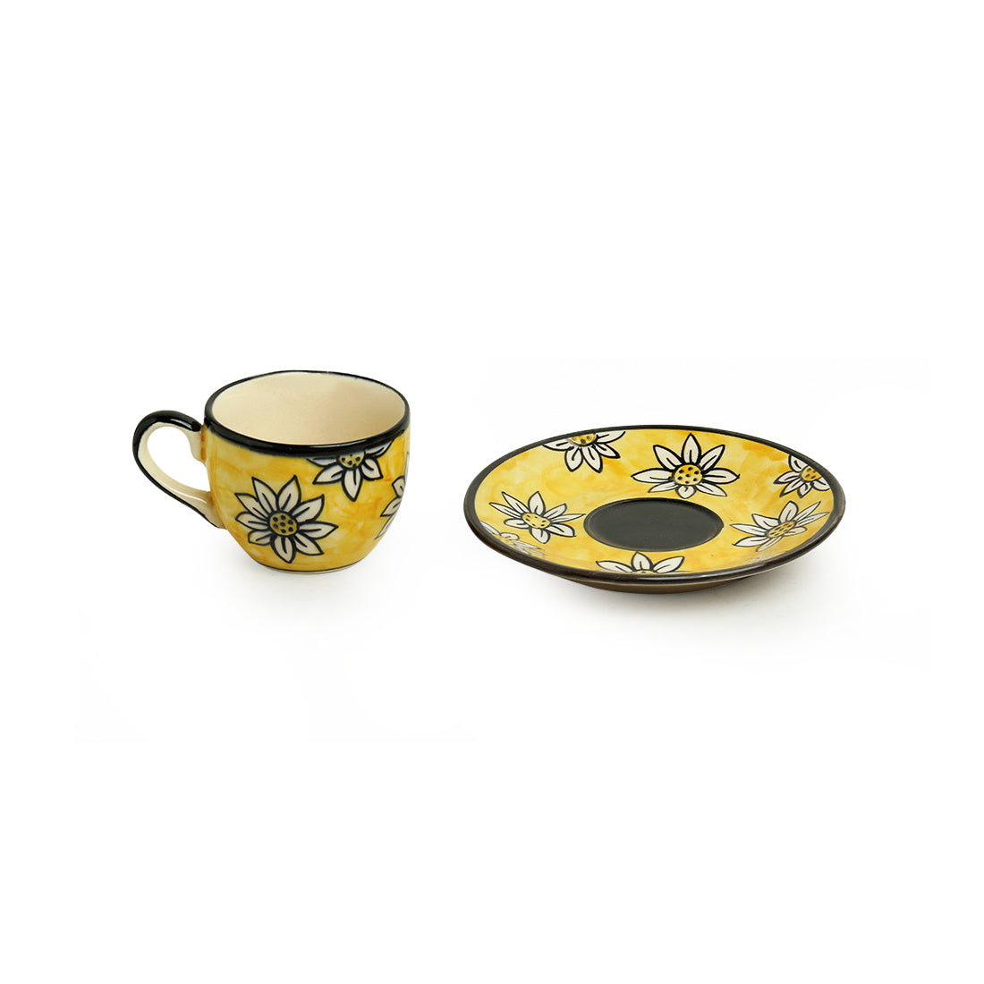 'Californian Sunflowers' Handpainted Ceramic Tea Cups With Saucers (Set Of 6, 200 ML)