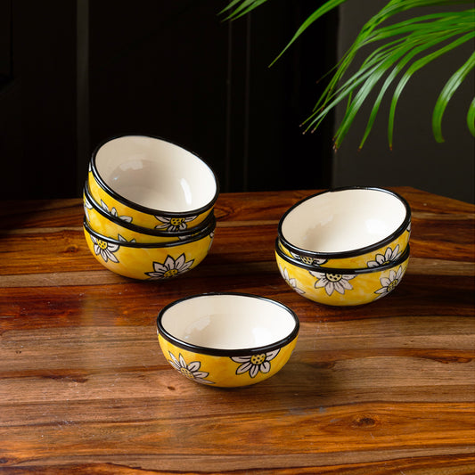 'Californian Sunflowers' Handpainted Ceramic Dinner Bowls/Katoris (Set of 6, 180 ML)