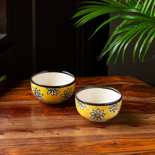 'Californian Sunflowers' Handpainted Ceramic Serving Bowls (Set of 2, 400 ML)