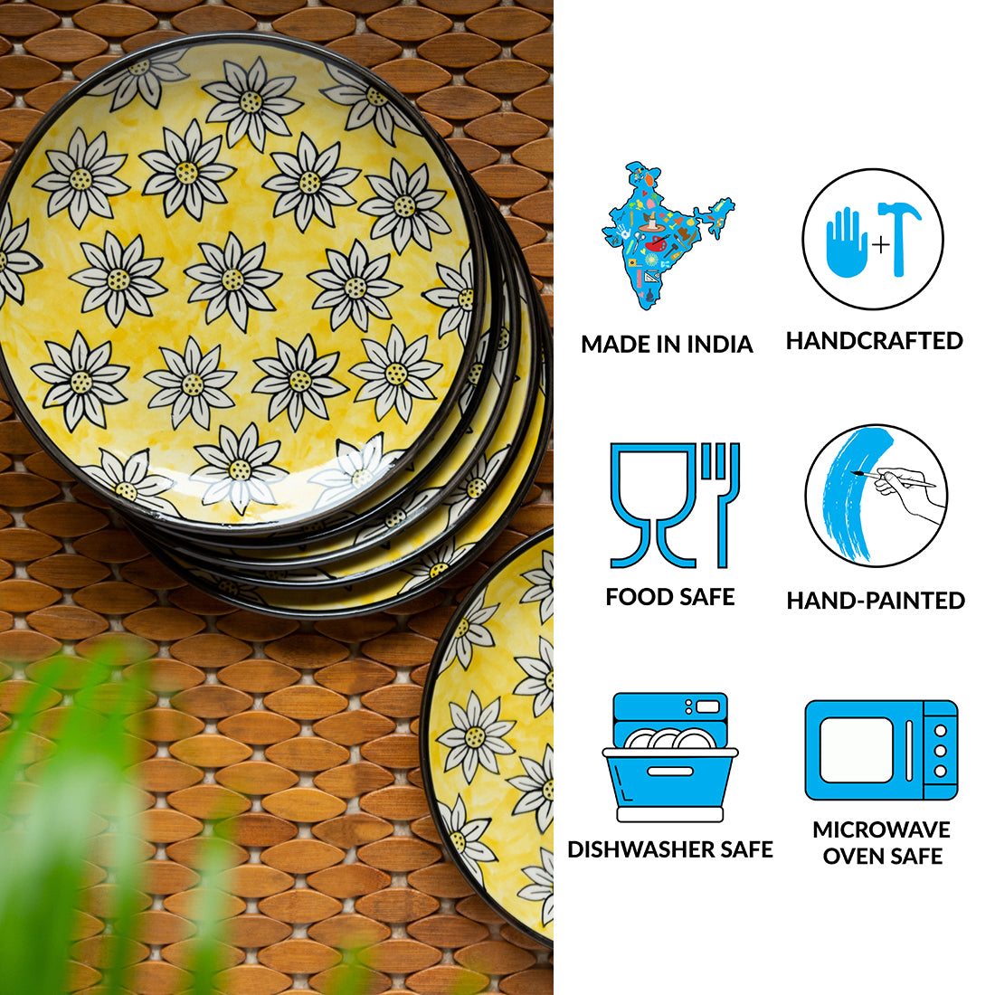 'Californian Sunflowers' Handpainted Ceramic Dinner Plates (Set Of 6, 10 Inches)