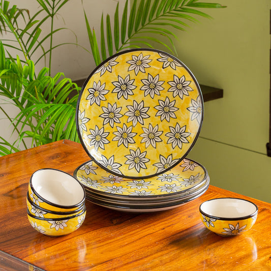 'Californian Sunflowers' Handpainted Ceramic Dinner Plates With Dinner Katoris (8 Pieces, Serving for 4)