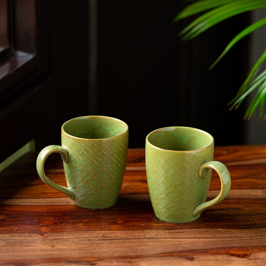 'Moroccan Pistachio' Hand Glazed & Embossed Coffee Mugs In Ceramic (Set Of 2, 300 ML, Microwave Safe)