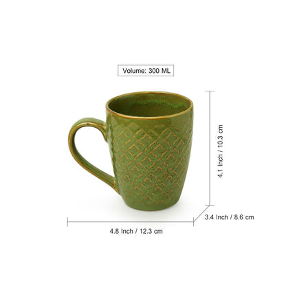 'Moroccan Pistachio' Hand Glazed & Embossed Coffee Mugs In Ceramic (Set Of 2, 300 ML, Microwave Safe)