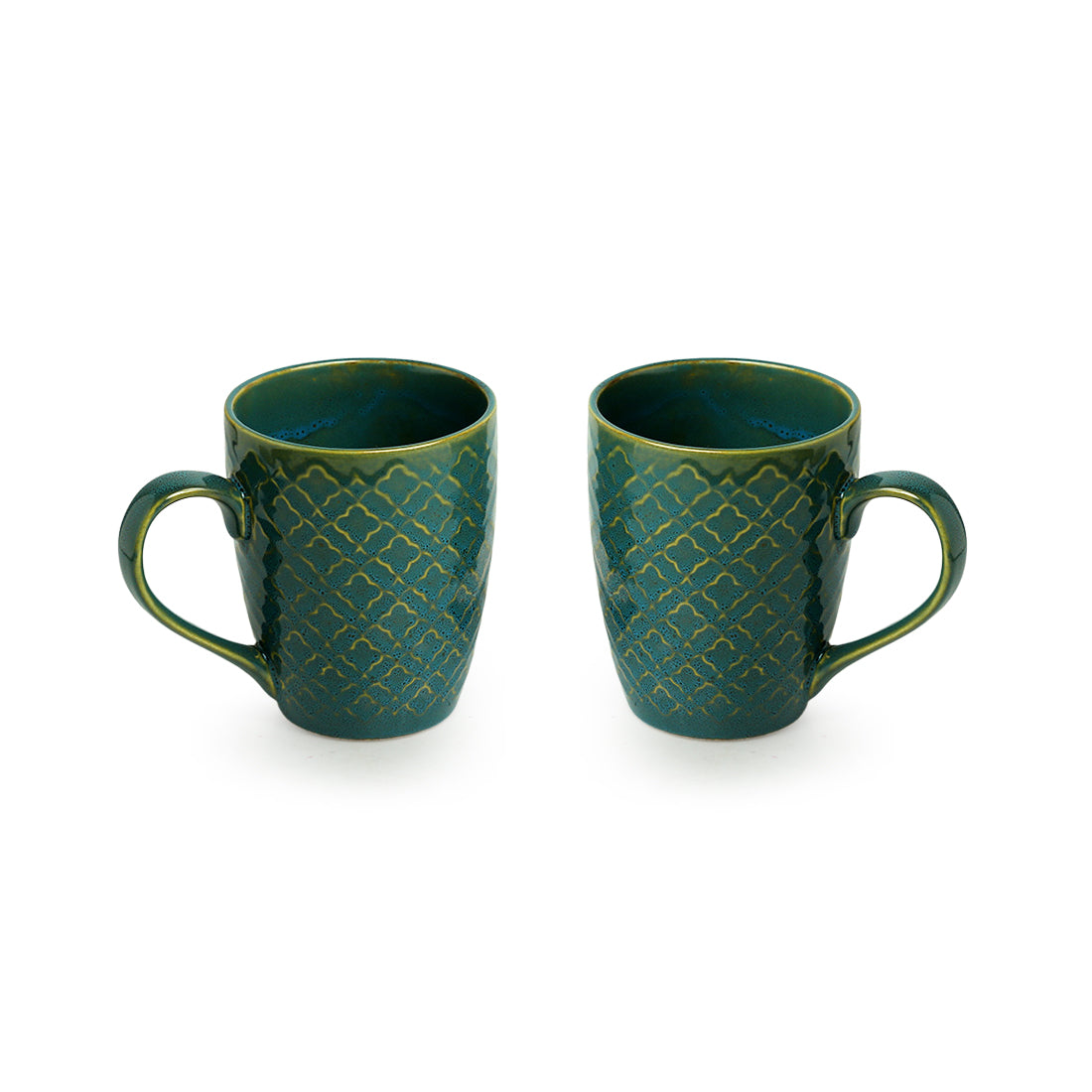 'Moroccan Turqouise' Hand Glazed & Embossed Coffee Mugs In Ceramic (Set Of 2, 300 ML, Microwave Safe)