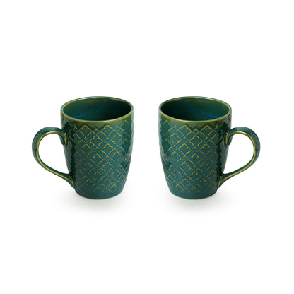 'Moroccan Turqouise' Hand Glazed & Embossed Coffee Mugs In Ceramic (Set Of 2, 300 ML, Microwave Safe)