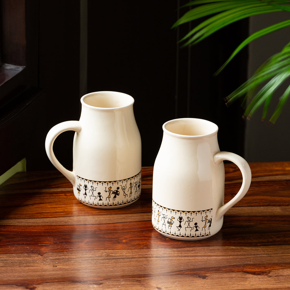 'Whispers of Warli' Handcrafted Ceramic Beer Mugs (Set of 2, 430 ML, Microwave Safe)