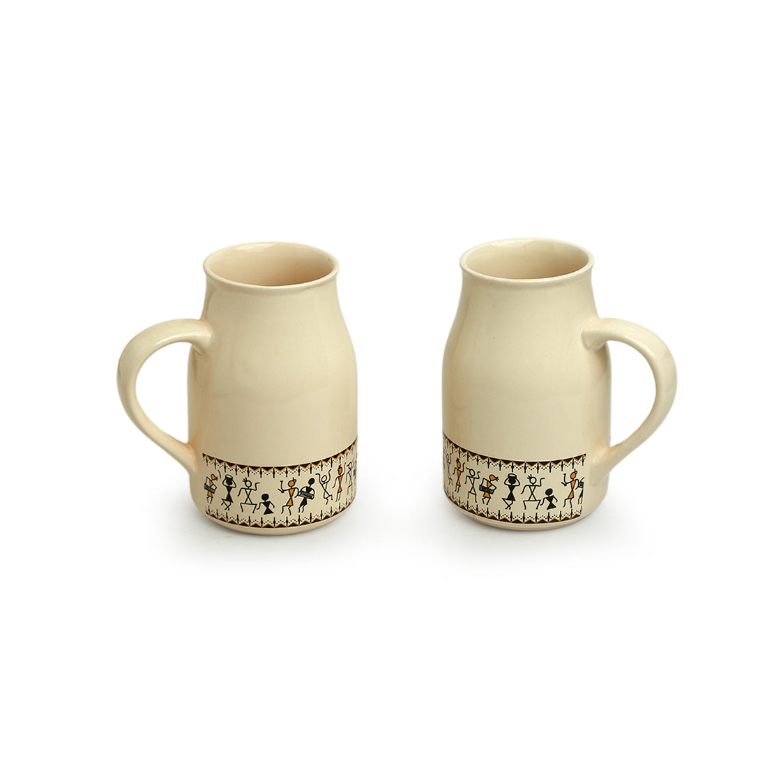 'Whispers of Warli' Handcrafted Ceramic Beer Mugs (Set of 2, 430 ML, Microwave Safe)