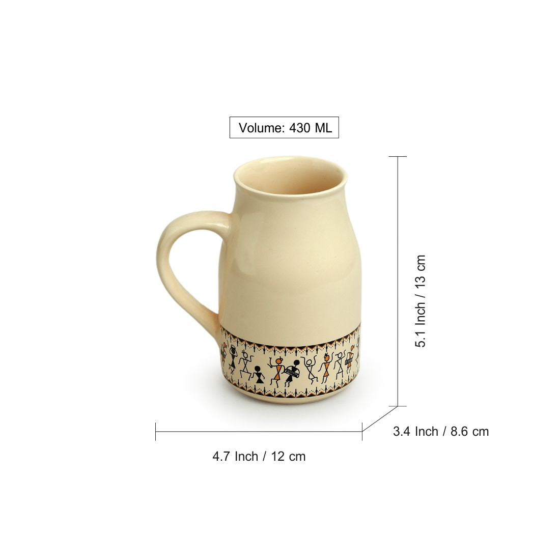 'Whispers of Warli' Handcrafted Ceramic Beer Mugs (Set of 2, 430 ML, Microwave Safe)