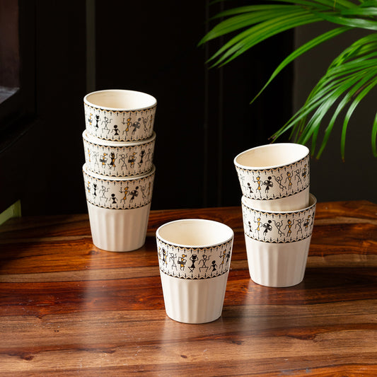 'Whispers of Warli' Handcrafted Ceramic Tea Glasses (Set of 6, 160 ML, Microwave Safe)