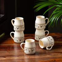 'Whispers of Warli' Handcrafted Ceramic Tea Cups (Set of 6, 140 ML, Microwave Safe)