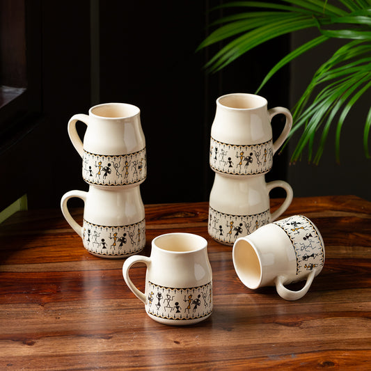 'Whispers of Warli' Handcrafted Ceramic Tea Cups (Set of 6, 140 ML, Microwave Safe)
