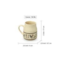 'Whispers of Warli' Handcrafted Ceramic Tea Cups (Set of 6, 140 ML, Microwave Safe)