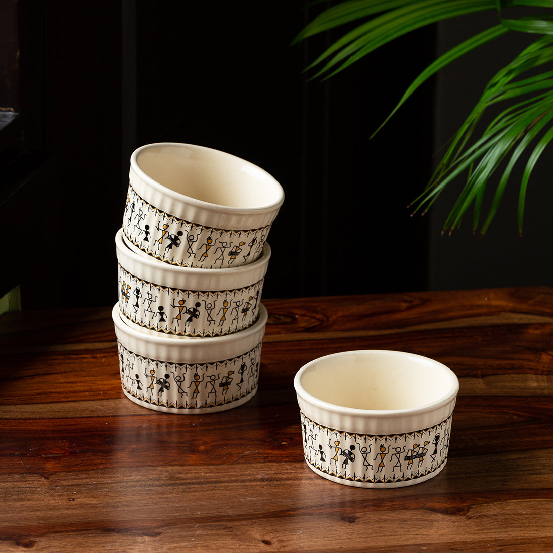 Whispers of Warli' Handcrafted Ceramic Dinner Bowls/Katoris (Set of 4, 180 ML, Microwave Safe)