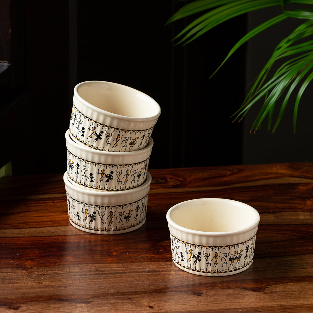 Whispers of Warli' Handcrafted Ceramic Dinner Bowls/Katoris (Set of 4, 180 ML, Microwave Safe)