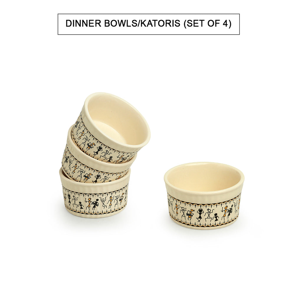 Whispers of Warli' Handcrafted Ceramic Dinner Bowls/Katoris (Set of 4, 180 ML, Microwave Safe)