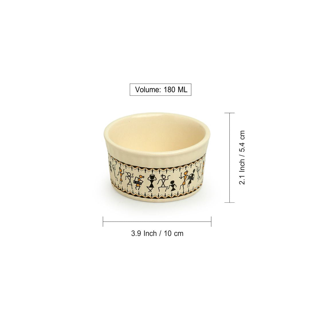 'Whispers of Warli' Handcrafted Ceramic Dinner Bowls/Katoris (Set of 6, 180 ML, Microwave Safe)