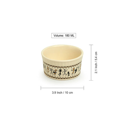 'Whispers of Warli' Handcrafted Ceramic Dinner Bowls/Katoris (Set of 6, 180 ML, Microwave Safe)