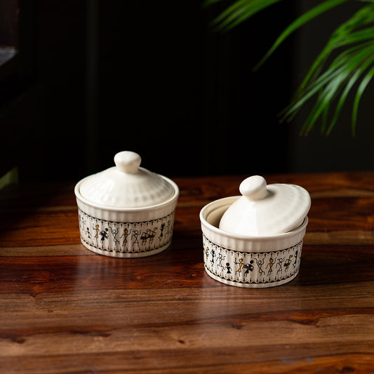 'Whispers of Warli' Handcrafted Ceramic Chutney & Pickle Holders (Set of 2, 160 ML, Microwave Safe)
