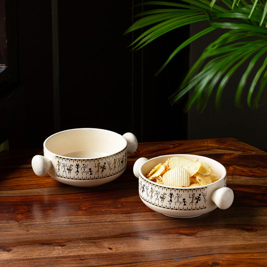 'Whispers of Warli' Handcrafted Ceramic Serving Bowls (Set of 2, 400 ML, Microwave Safe)