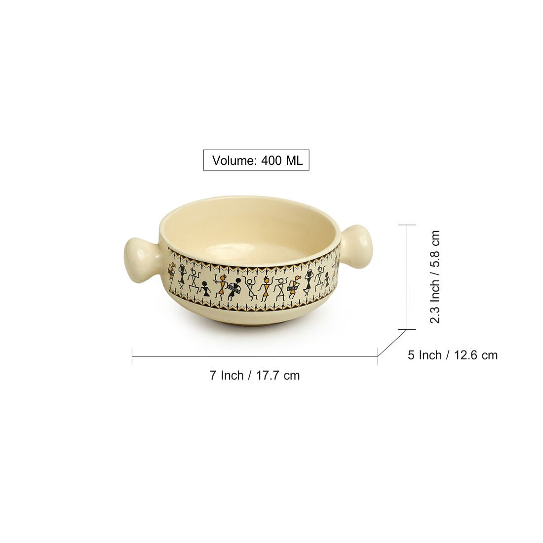'Whispers of Warli' Handcrafted Ceramic Serving Bowls (Set of 2, 400 ML, Microwave Safe)