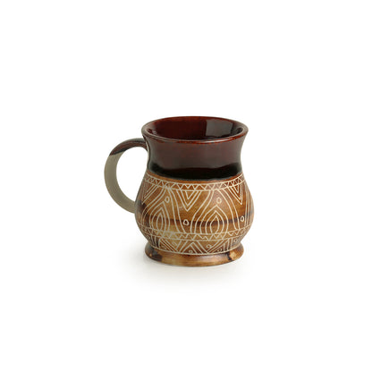 'Cocoa & Fire Carvings' Studio Pottery Tea & Coffee Mug In Ceramic (300 ML, Microwave Safe)