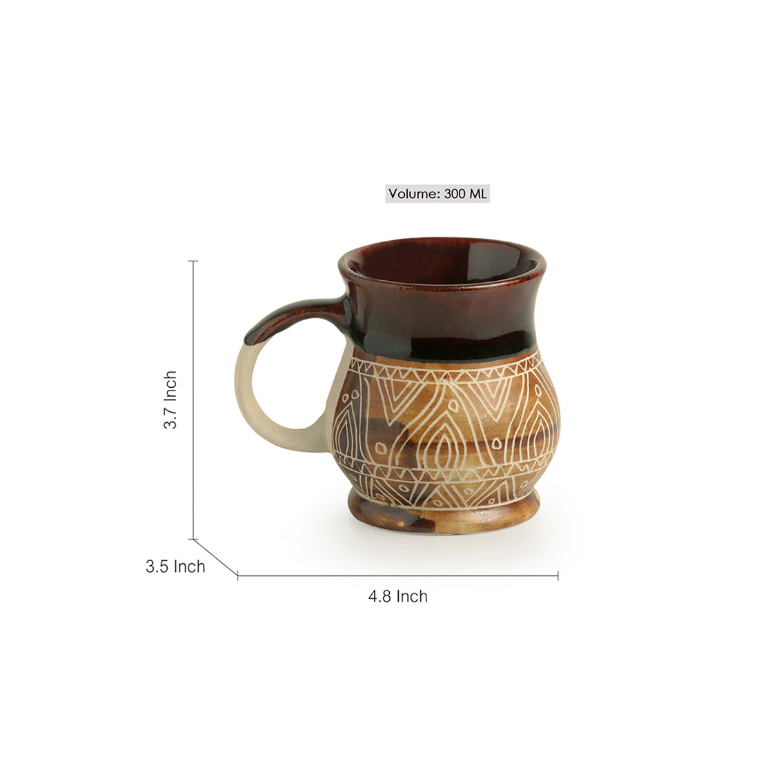 'Cocoa & Fire Carvings' Studio Pottery Tea & Coffee Mug In Ceramic (300 ML, Microwave Safe)