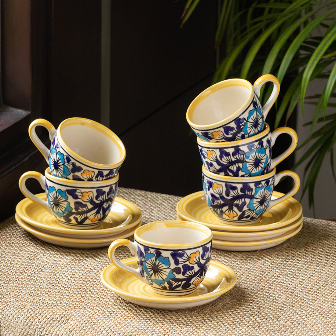 'Badamwari Bagheecha' Handpainted  Ceramic Coffee & Tea Cups With Saucers (Set of 6, 120 ML, Microwave Safe)