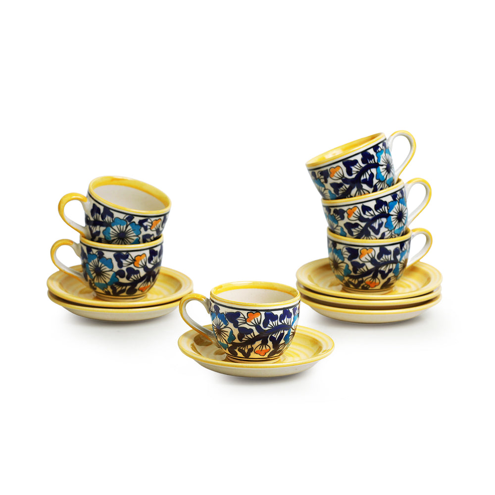 'Badamwari Bagheecha' Handpainted  Ceramic Coffee & Tea Cups With Saucers (Set of 6, 120 ML, Microwave Safe)