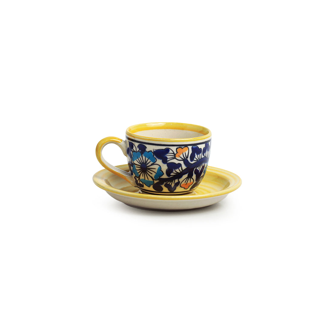 'Badamwari Bagheecha' Handpainted  Ceramic Coffee & Tea Cups With Saucers (Set of 6, 120 ML, Microwave Safe)